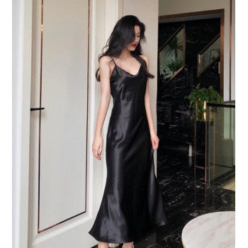 Women Long Satin Slip Dress Spaghetti Strap Party Dress Vintage Silk Sexy Prom Dress