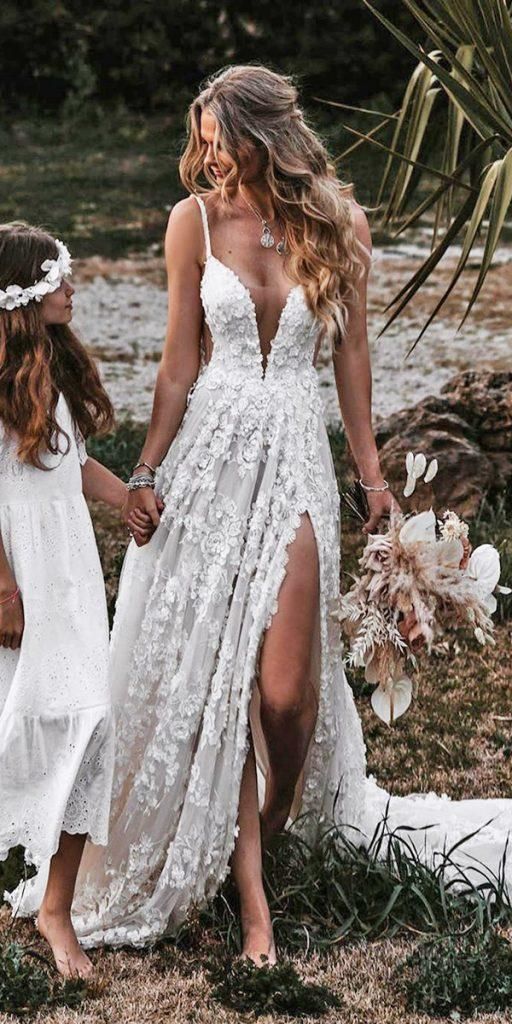 A-line V Neck Lace Prom Dress With Split