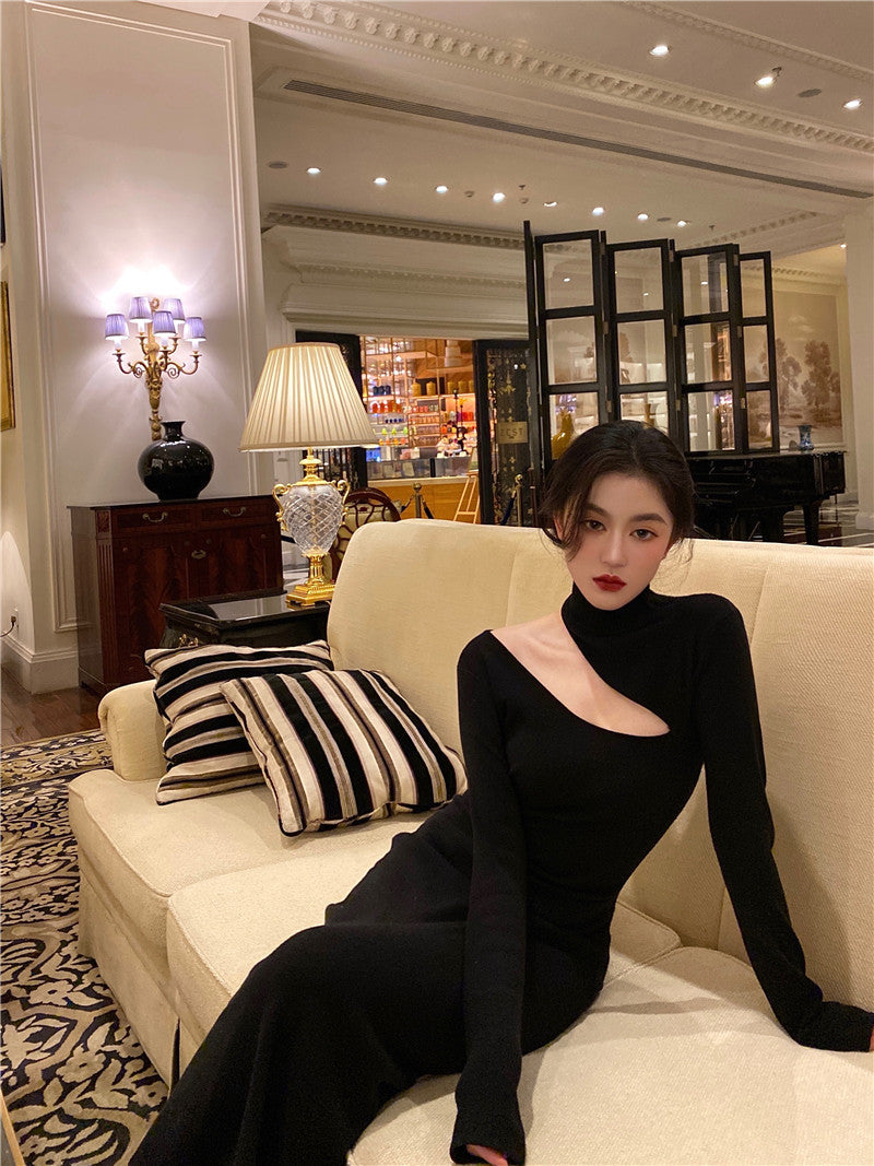 Black Sexy Off Shoulder Dress Women Vintage Elegant Highneck All Match Long Sleeve Bodycon Dresses Femme Party Dress Black Prom Dress