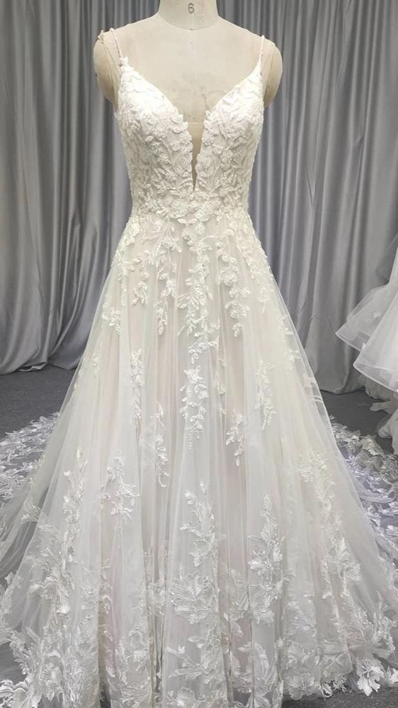 Spaghetti Long Lace Prom Dresses, Romantic Wedding Dresses A-line Wedding Dresses