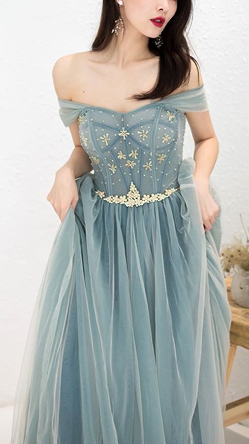 Dusty Blue Tulle Beaded Off-the-Shoulder Long Prom Dresses, Formal Dress