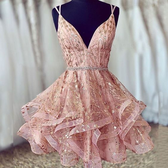 A Line V Neck Short Lace Prom Dresses, Cross Back Short Champagne Lace Formal Homecoming Dresses
