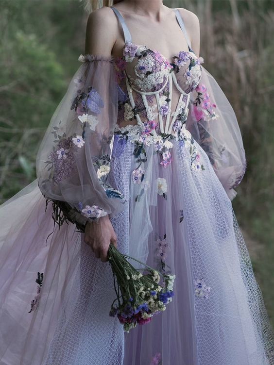 Elegant Dusty Lavender Floral Spaghetti Strap Sweetheart A-line Tulle Long Prom Dress