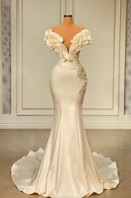 White Long Pearl Ruffle Evening Dresses