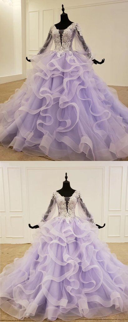 Lavender Prom Dress Long Sleeves Tulle Ruffles Beaded Lace Women Evening Gown