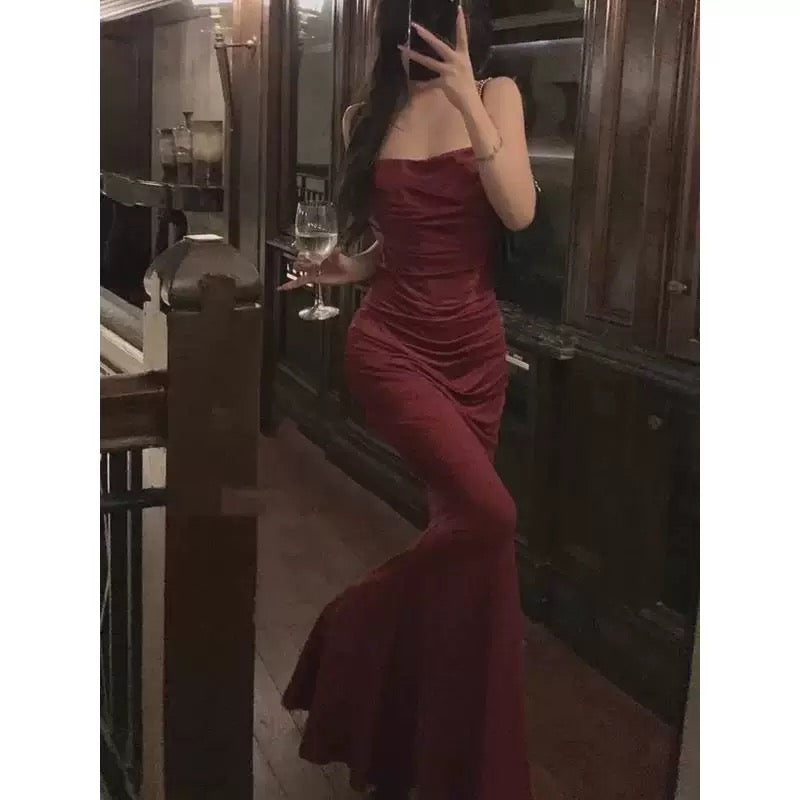 Pretty Sheath Spaghetti Straps Burgundy Long Party Dress Prom Dresses