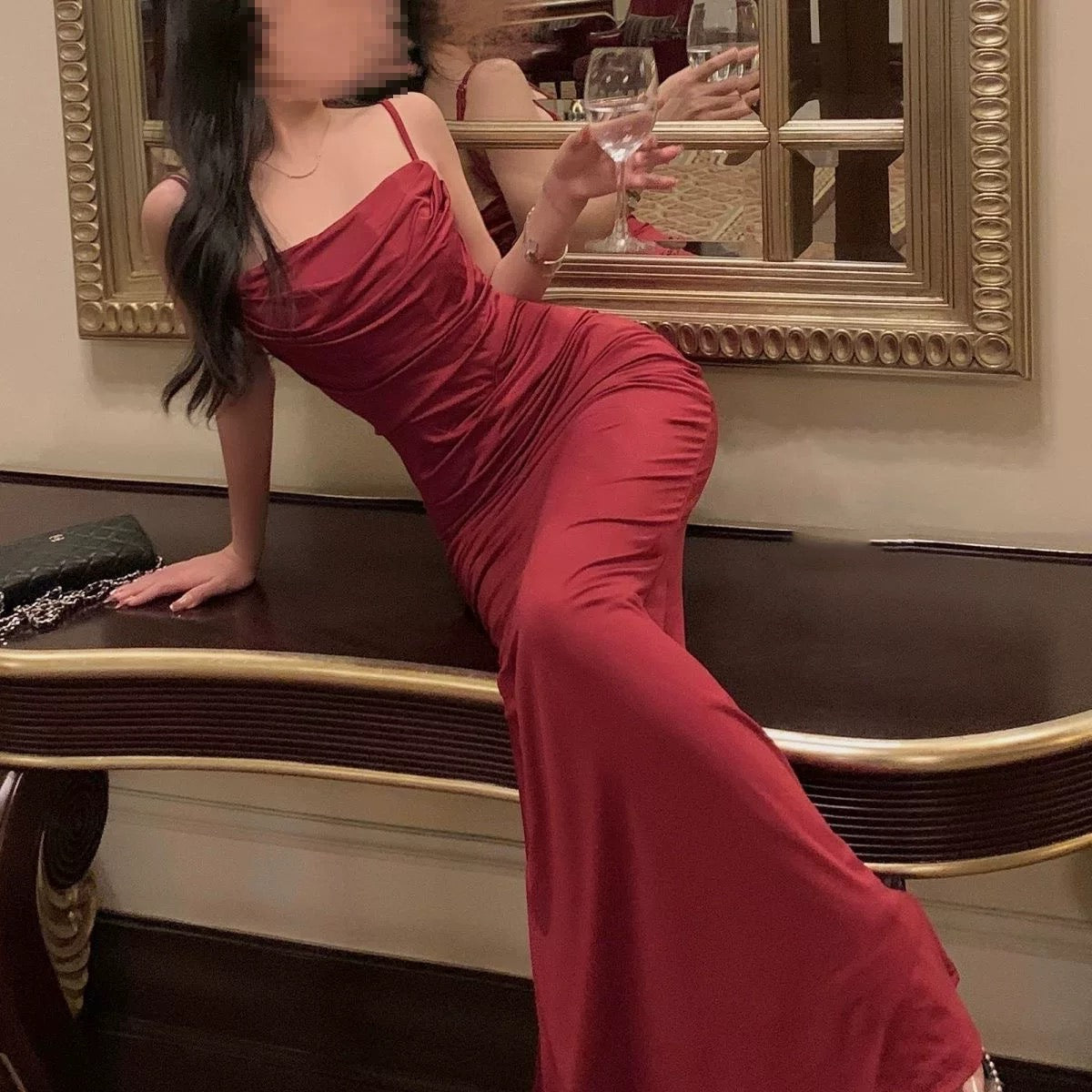 Pretty Sheath Spaghetti Straps Burgundy Long Party Dress Prom Dresses