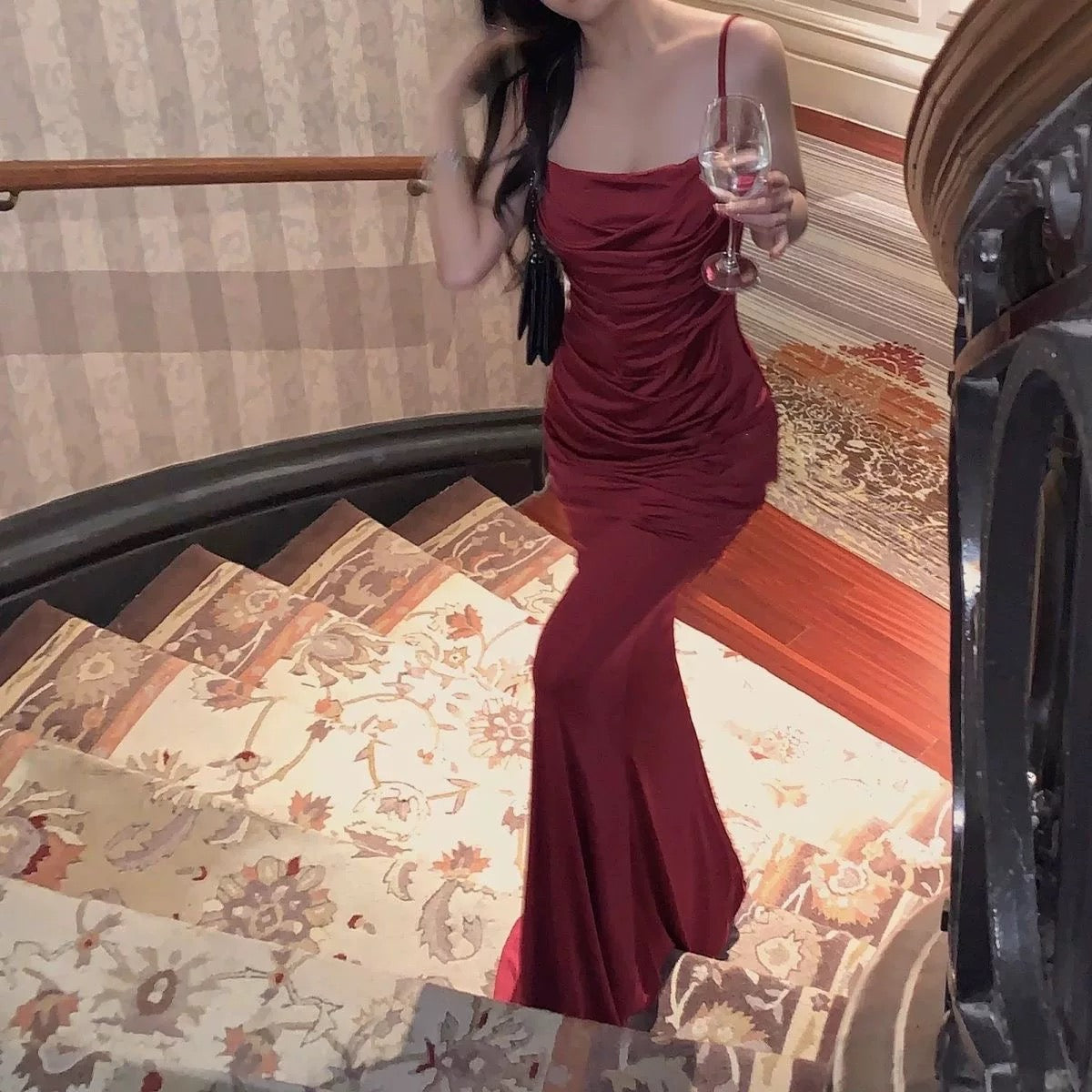 Pretty Sheath Spaghetti Straps Burgundy Long Party Dress Prom Dresses
