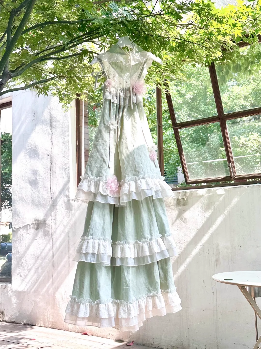 Chic A Line High Neckline Mint Green Chiffon Ruffles Lace Long Prom Dresses Birthday Outfits