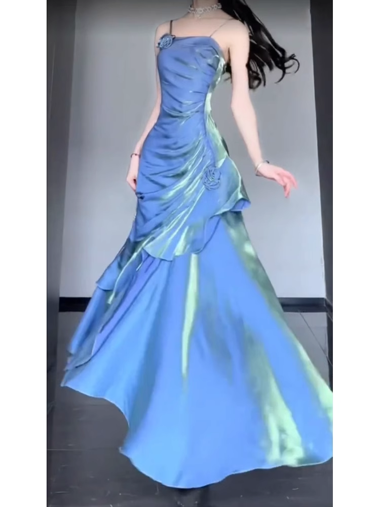 Retro Mermaid Spaghetti Straps Blue Ankle length Prom Dresses Birthday Outfits With Flower