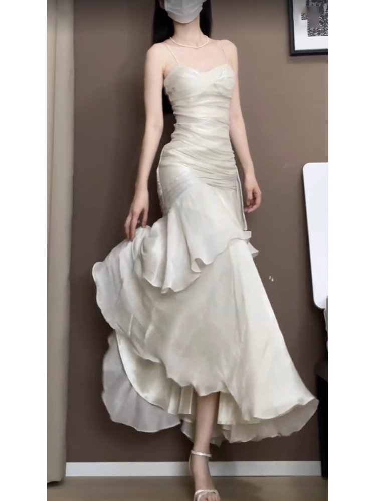 Retro Mermaid Spaghetti Straps Ankle length Prom Dresses Birthday Outfits With Ruffles