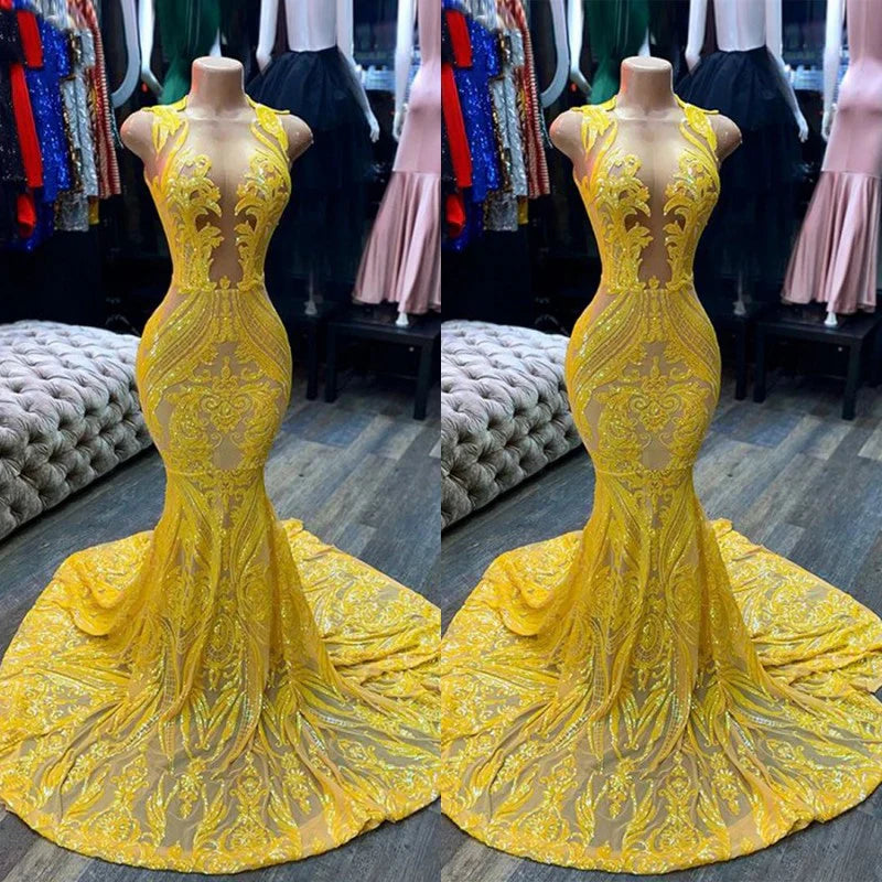 Yellow prom dresses, sheer prom dress, lace evening dress, vintage prom dresses, custom make prom dress