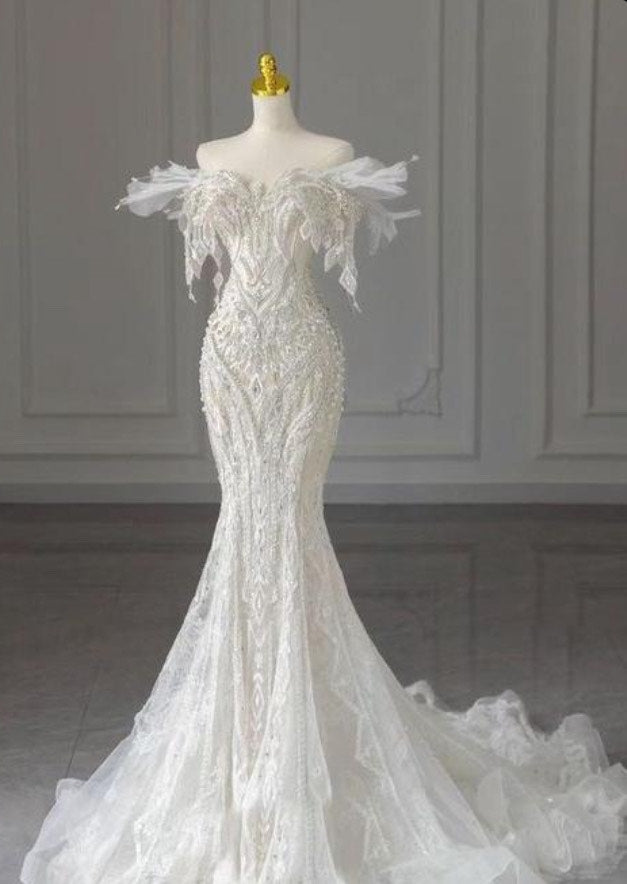 Mermaid Off The Shoulder White Lace Bridal Dress Wedding dress With Ruffles