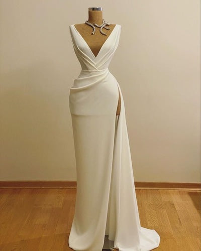 V Neck Slit Side Long Prom Dresses Evening Gown