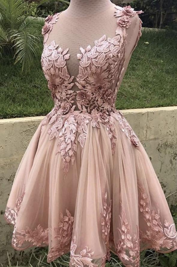 Pink lace short A line short homecoming dress