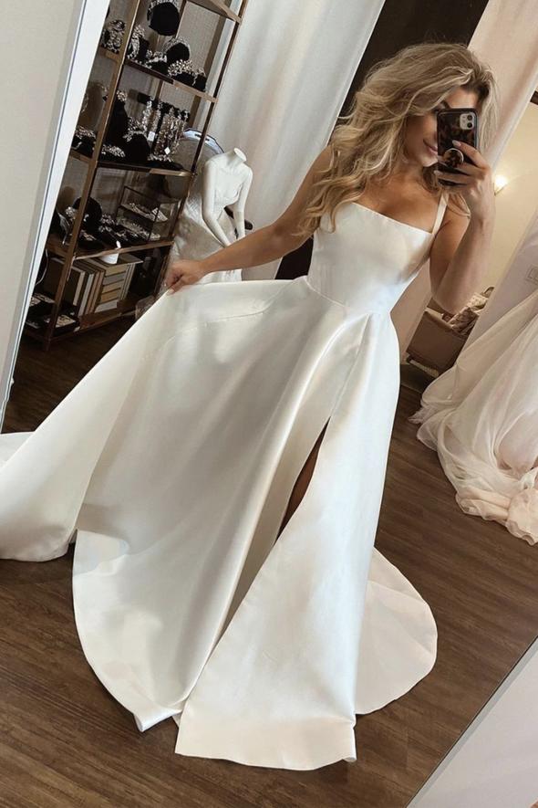 White satin long A line prom dress evening dress