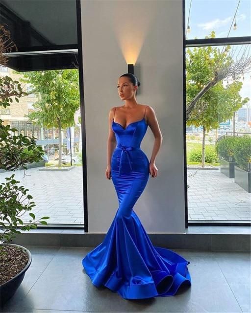 Royal Blue Fitted Mermaid Evening Dress Champage Spaghetti Straps Prom Dress