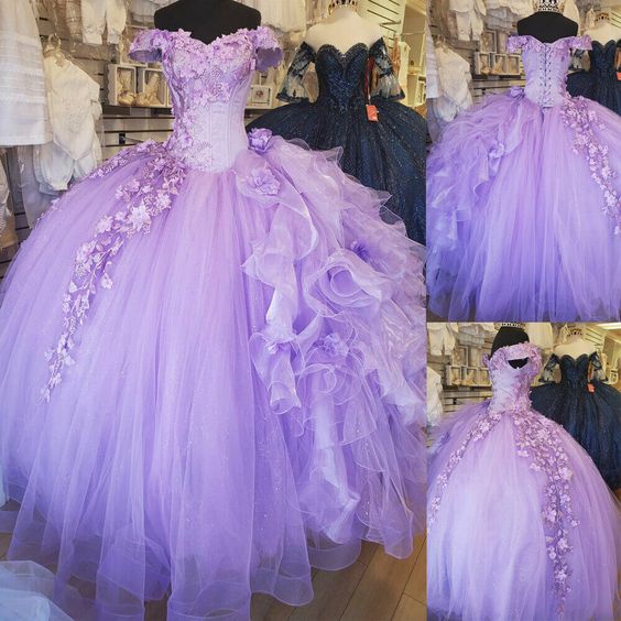 Off-The-Shoulder Lavender Tulle Quinceanera Dresses Flowers Ball Gown Sweet 15
