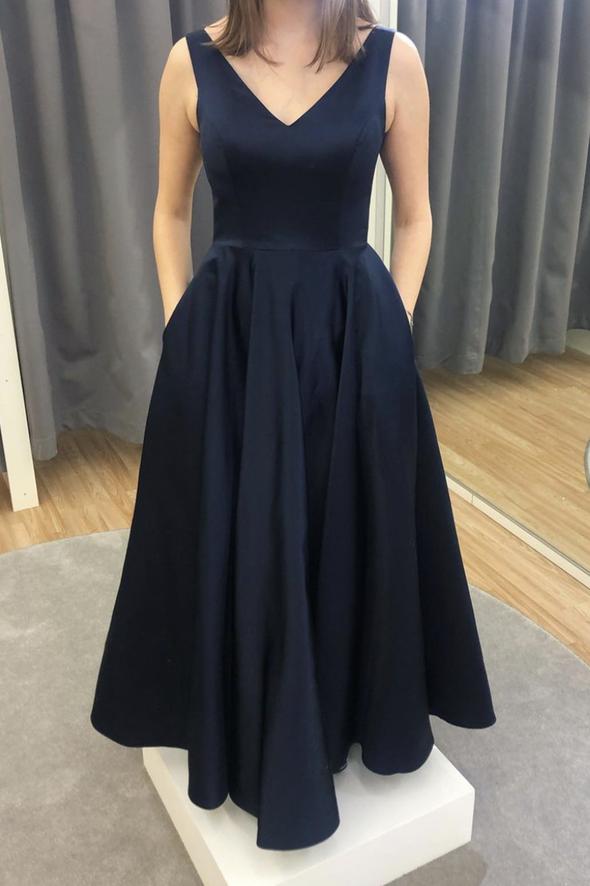 Blue v neck satin long A line prom dress evening dress