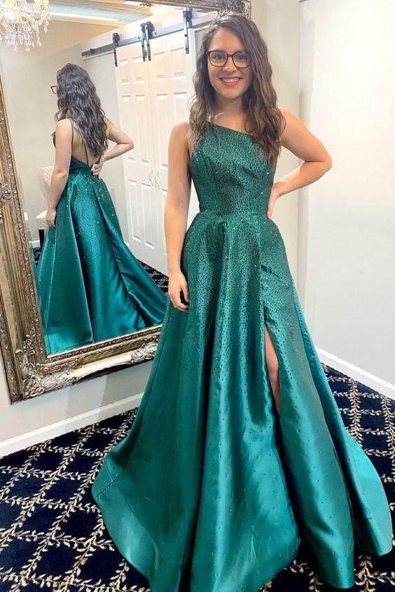 one shoulder green long formal prom dress with side slit