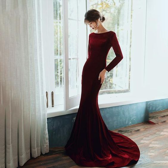 Burgundy Velvet Long Sleeves Mermaid Party Dress, Long Prom Dress