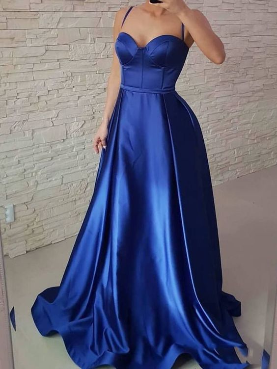 A Line Satin Royal Blue Halter Sweetheart Long 2021 Prom Dresses