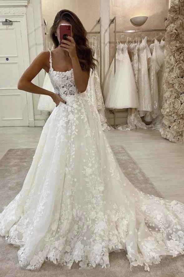 White lace long A line prom dress white formal dress