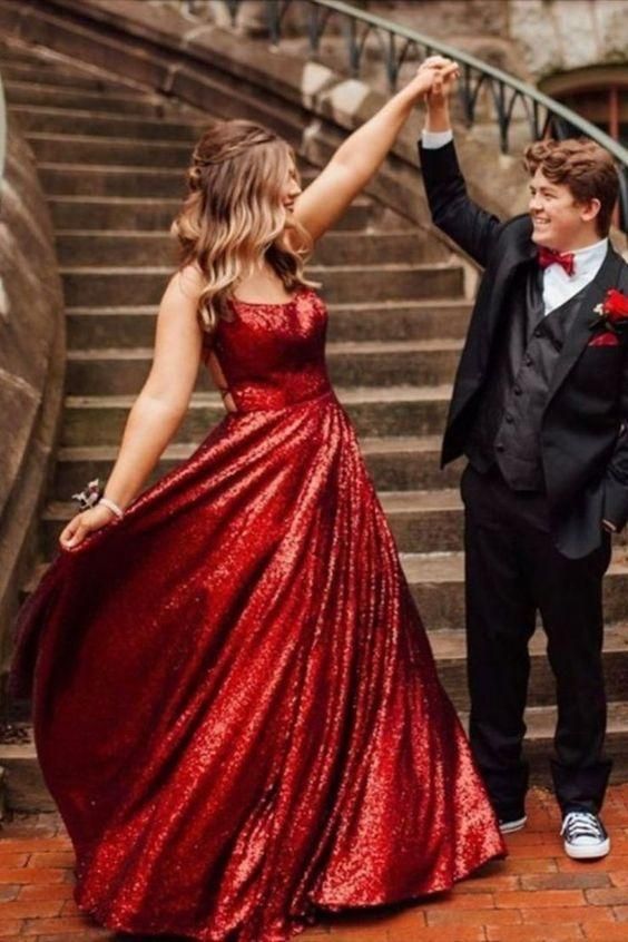 princess wine red sequins A-line long prom dress with lace up back