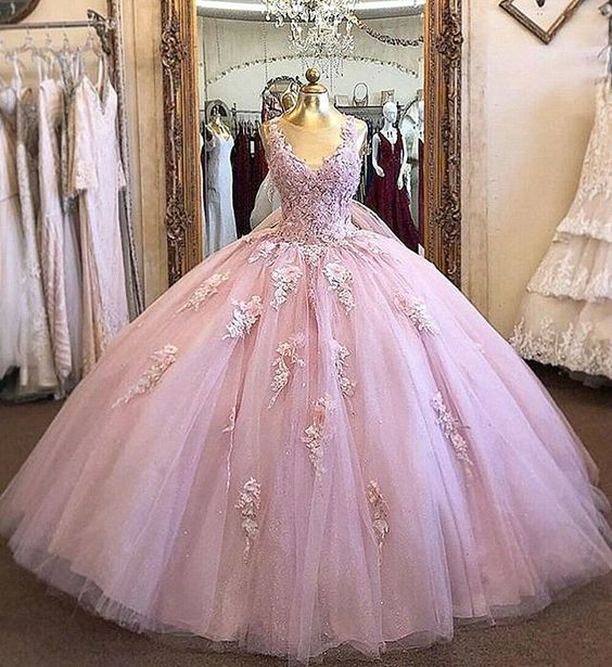 Pink Lace Quinceanera Dresses Sleeveless Sweet 16 Floral Applique Prom Ball Gown