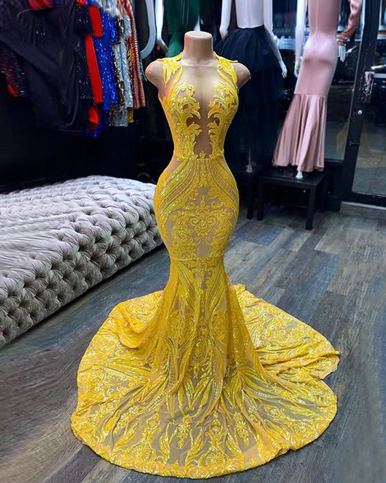 Yellow prom dresses, sheer prom dress, lace evening dress, vintage prom dresses, custom make prom dress