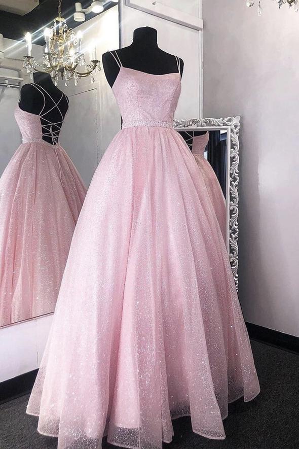 Cute tulle sequins long A line prom dress evening dress
