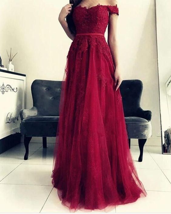 New Burgundy Lace and Tulle Long Graduation Prom Dress for Girls