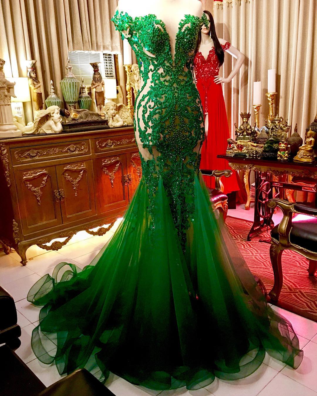 Illusion Back Green Mermaid Prom Dress with Beading