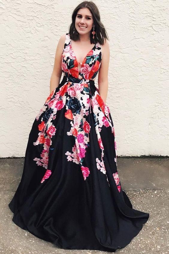 A Line Black V Neck Appliques Prom Dresses, Long Cheap Prom Gown