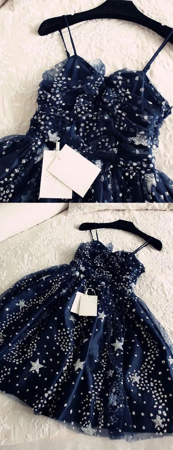Navy Blue Shiny Star Painted Fashion Homecoming Dresses