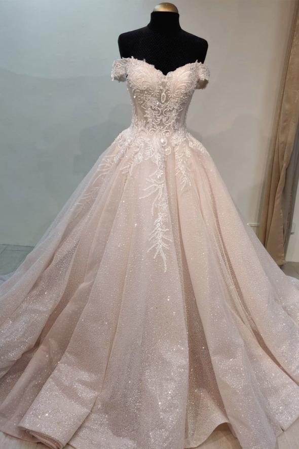 Pink lace long A line prom dress off shoulder evening dress