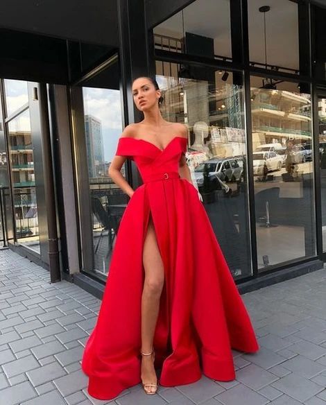 Princess Off The Shoulder Red Prom Dress A Line Formal Evening Gown With High Slit