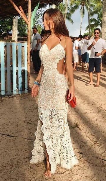 Modest White Lace Mermaid Prom Dresses, Simple Spaghetti Straps Party Dresses With Slit
