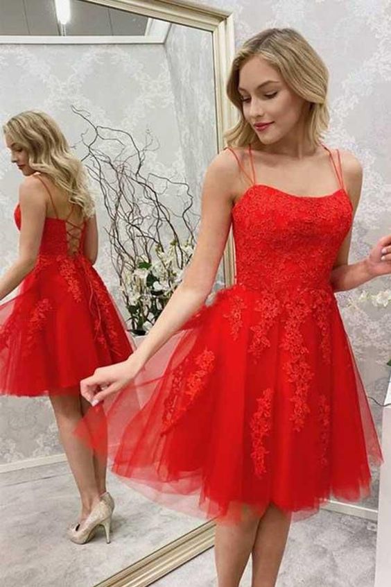 Red Lace Applique Spaghetti Straps Homecoming Dresses, Red Tulle Short Prom Dress