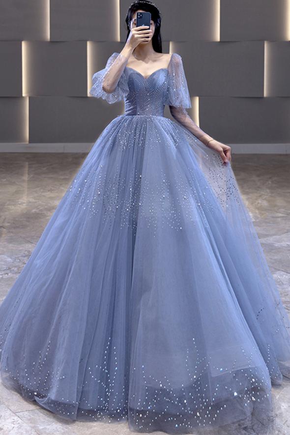 Blue tulle long ball gown dress A line formal dress