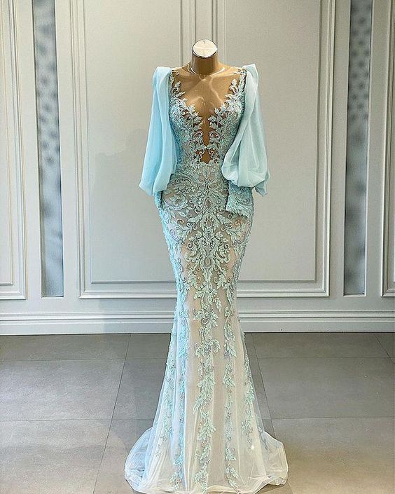 Arabic Mermaid Lace Beaded Prom Dresses Sheer Neck Long Sleeves Evening Formal evening Prom Dress
