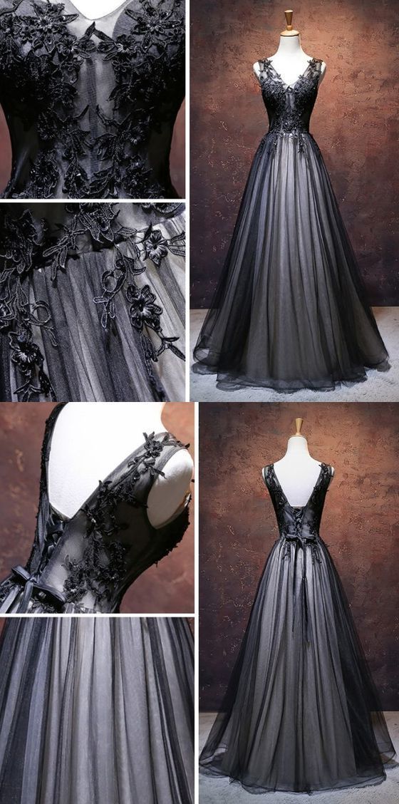 CHIC A-LINE V-NECK FLOOR LENGTH TULLE BLACK APPLIQUE LONG PROM DRESS EVENING DRESS