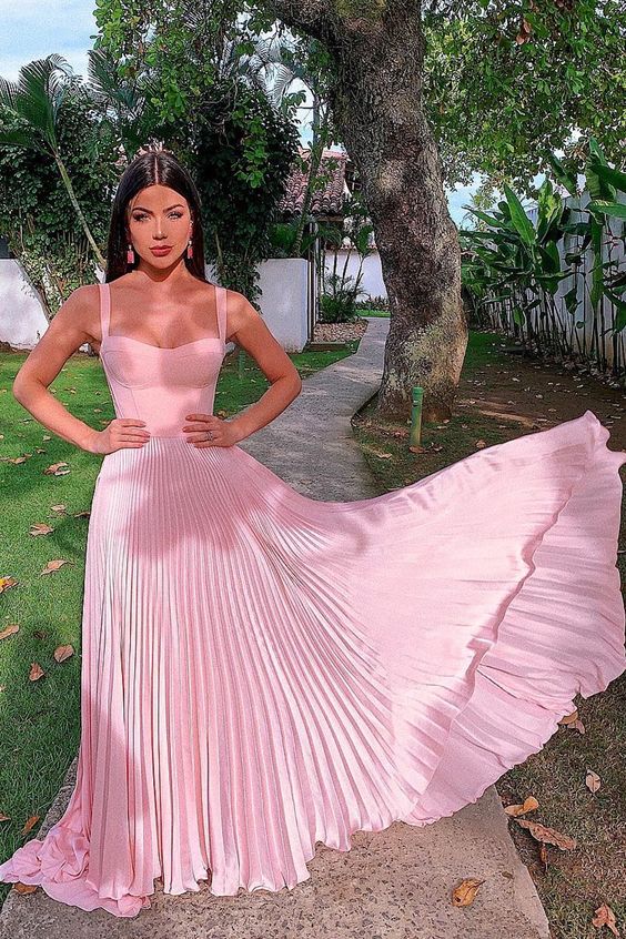 Pretty A-Line Straps Pink Prom Dress with Pleats Sleeveless Long Party Dress