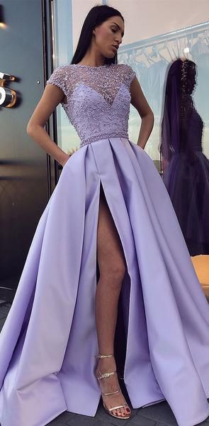 Charming Lilac Side Split Beaded See Through Cap Sleeve Prom Dresses,Long Prom Dress