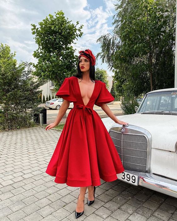 Beautiful A Line Deep V Neck Red Prom Party Dress