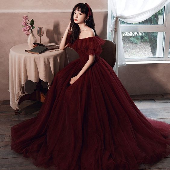 Burgundy tulle long prom gown formal dress
