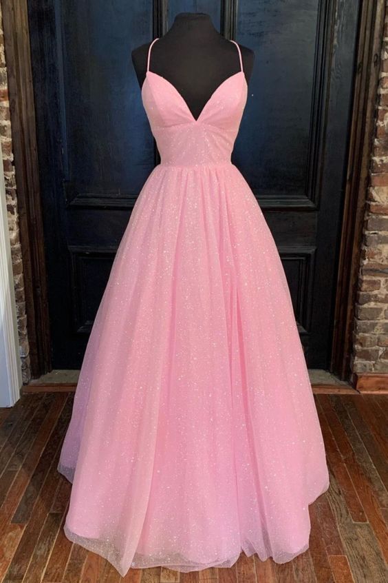 Empire Pink Shiny Tulle Long Prom Dress