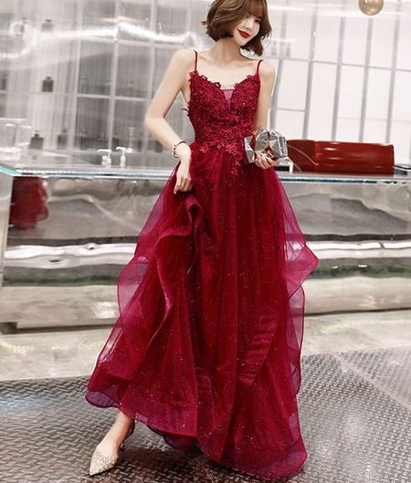 burgundy lace long A line prom dress, lace evening dress