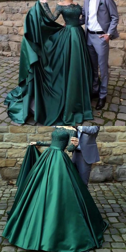 modest dark green party dress, off the shoulder prom dresses ,prom dress with long sleeves, evening gowns with lace