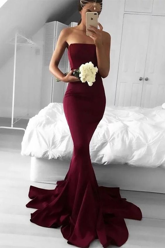 Charming Mermaid Strapless Burgundy Brush Train Ruffles Prom Dress